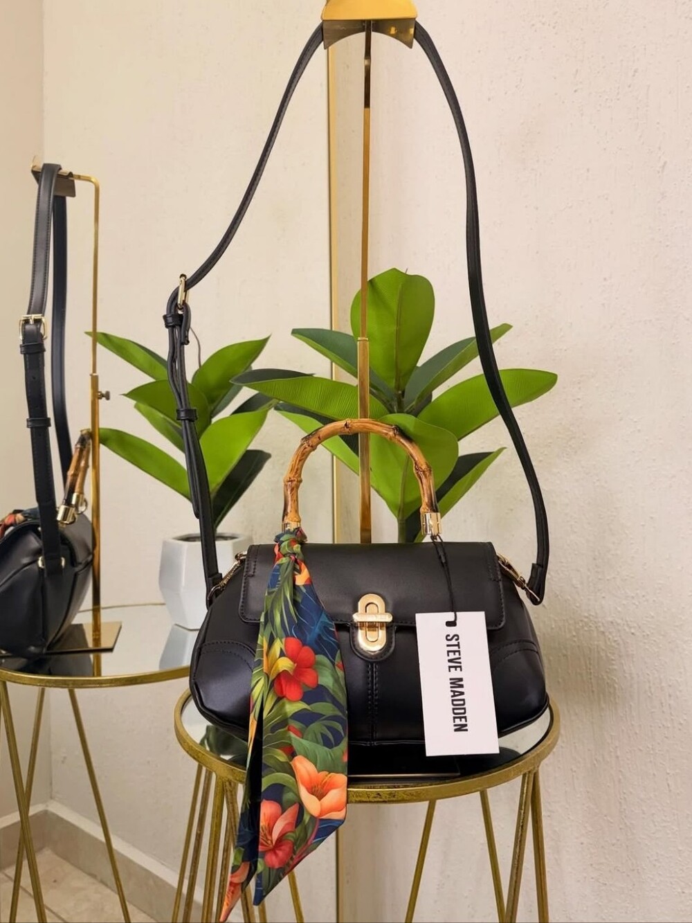 Steve Madden Black Satchel with Bamboo Handle and Floral Scarf